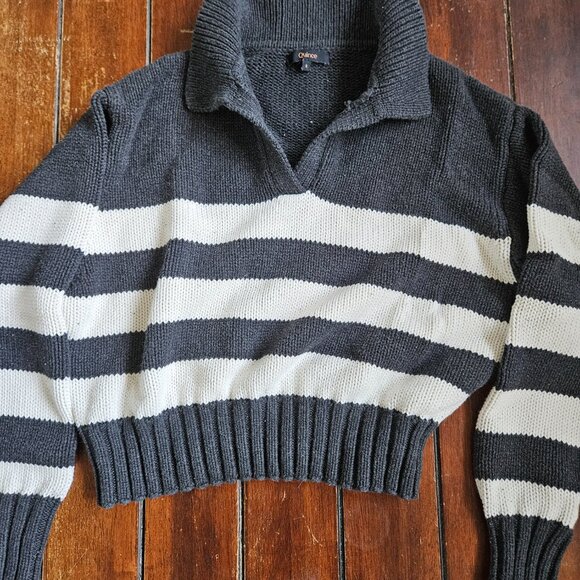 Quince 100% Organic Cropped Cotton Polo Sweater Charcoal/Offwhite Stripe Small - Picture 2 of 3